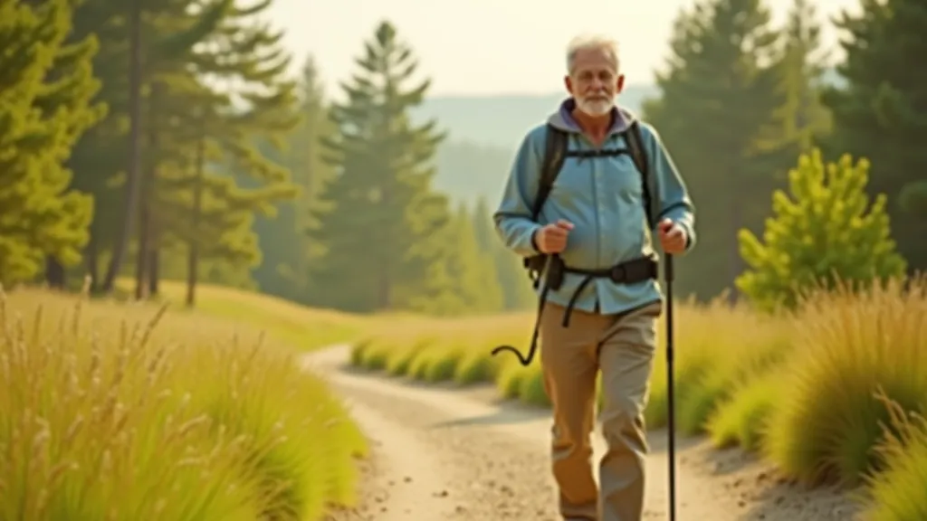 Senior walker on trail with backpack enjoying the landscape on a sunny day
