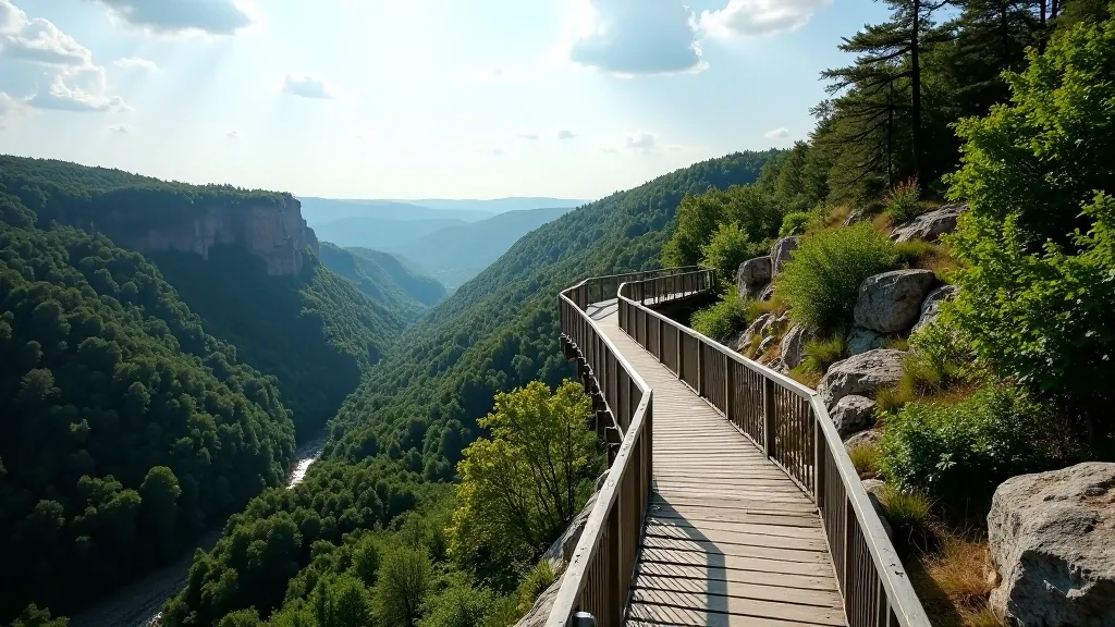 Scenic view from elevated cliff path overlooking forested valley below