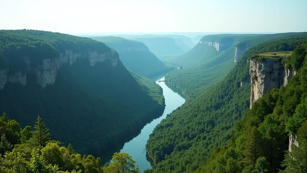 Wide landscape shot of entire Gauja River valley from elevated cliff viewpoint with river winding through forest