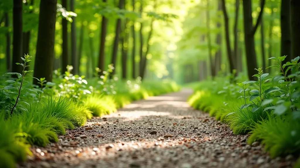 Close-up of gravel trail path with dappled forest light, showing well-maintained walking surface with moss and green surroundings