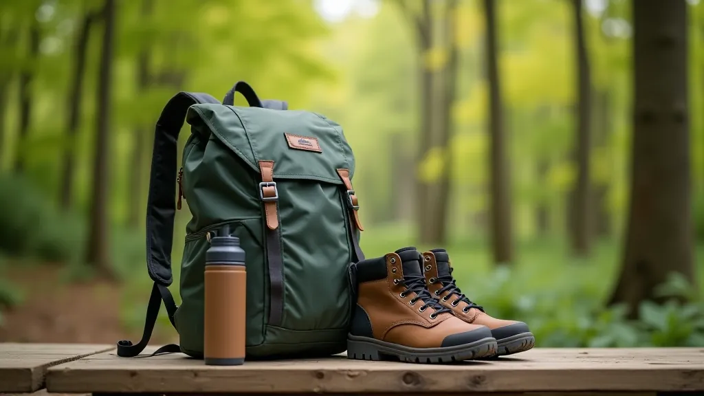 Outdoor backpack with hiking boots and water bottle arranged on wooden bench in forest clearing with natural daylight