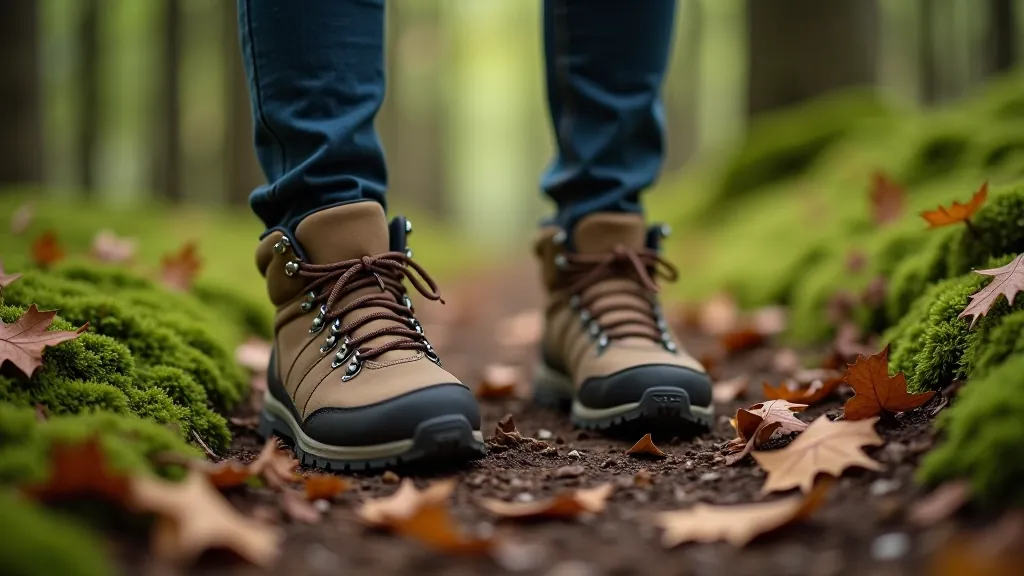 Close-up of hiking boots on forest path with moss and leaves