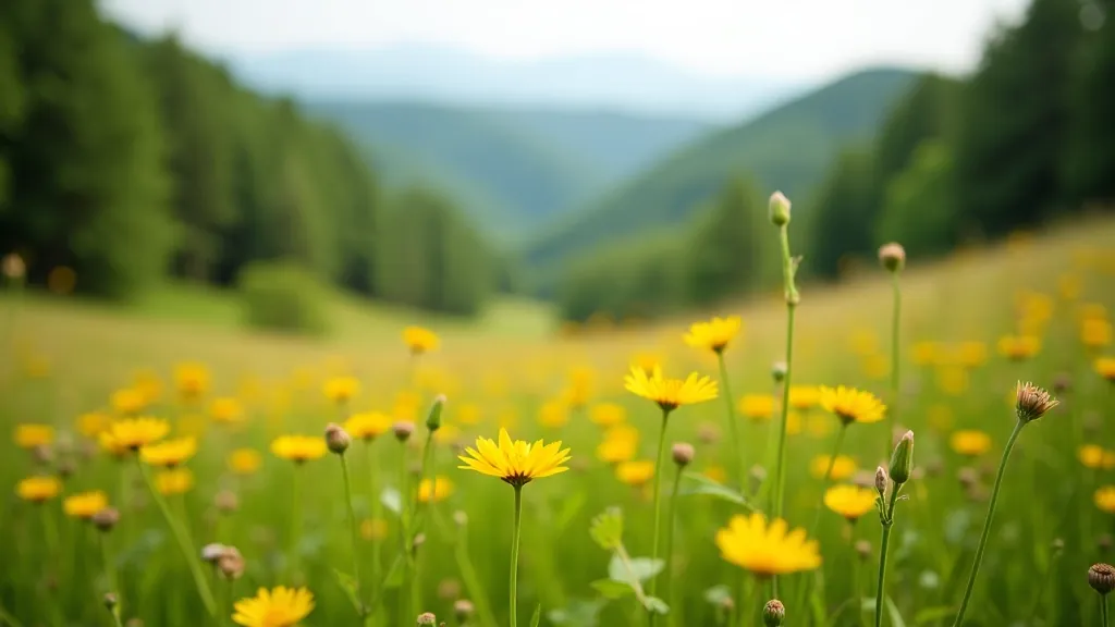 Open meadow with wildflowers overlooking forested valley in soft natural daylight