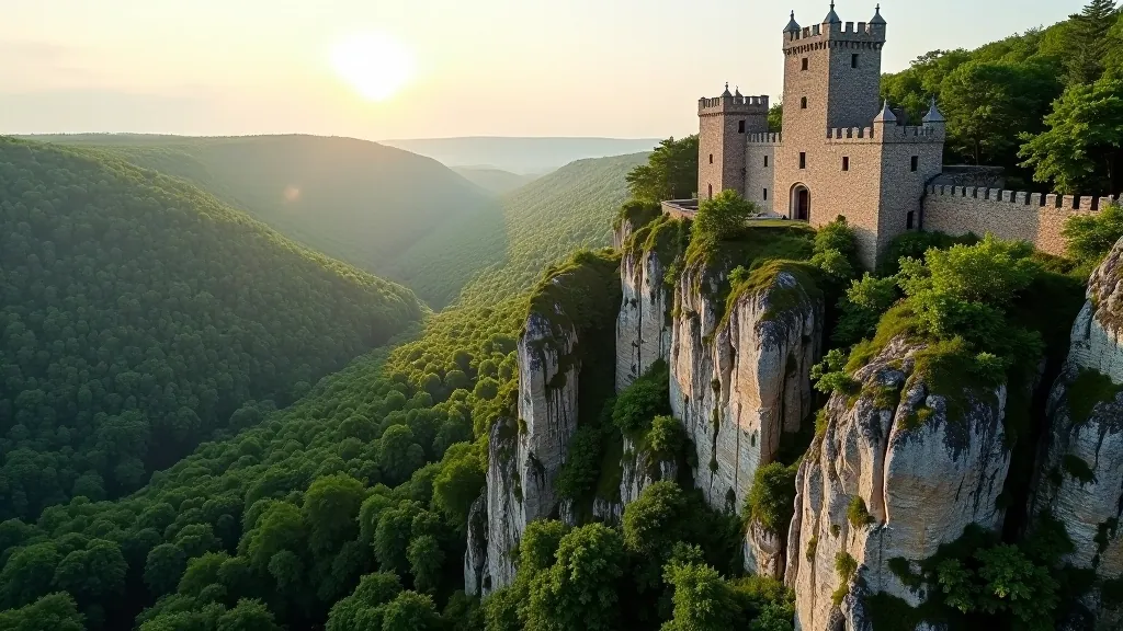Historic castle ruins perched on cliff edge overlooking forested valley below