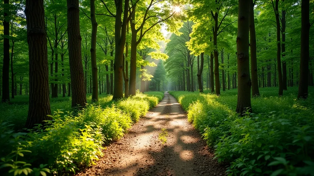 Peaceful nature trail winding through green forest with dappled sunlight