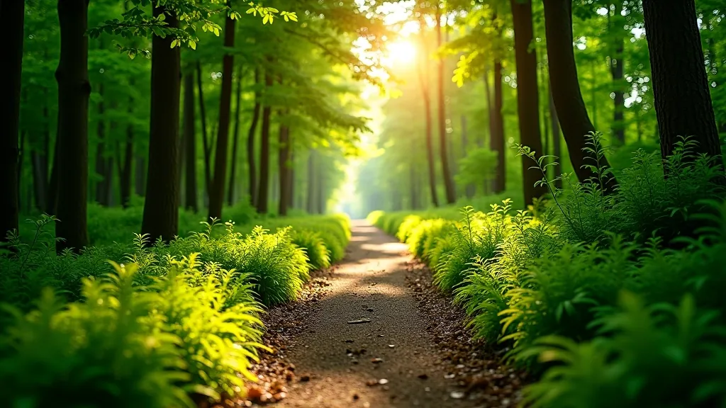 Scenic forest path with dappled sunlight filtering through tree canopy
