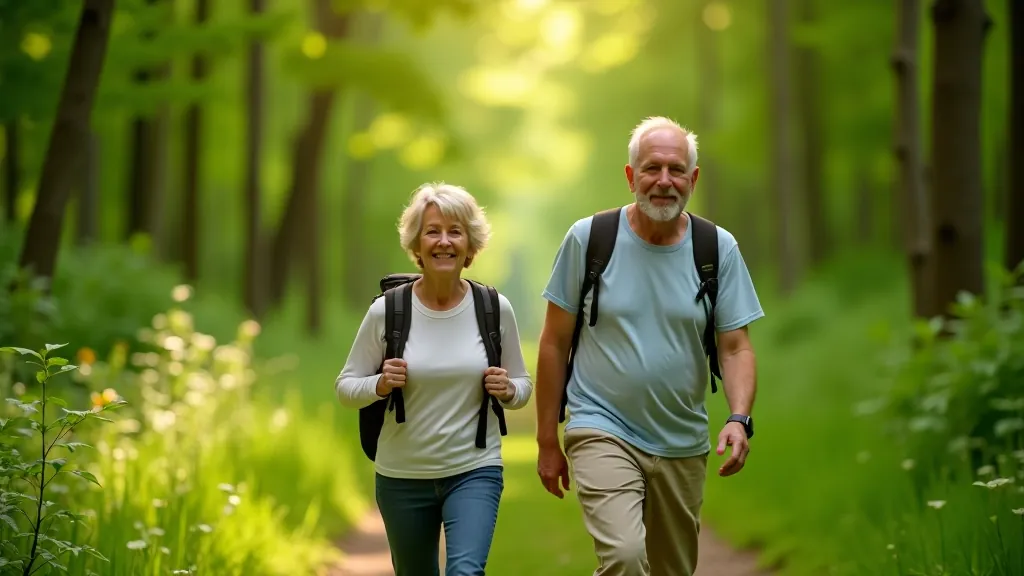 Older adults enjoying a leisurely walk on a scenic forest trail in Latvia