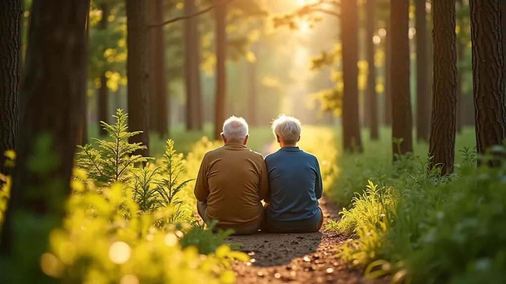 Senior couple walking on a woodland path surrounded by tall trees in natural light
