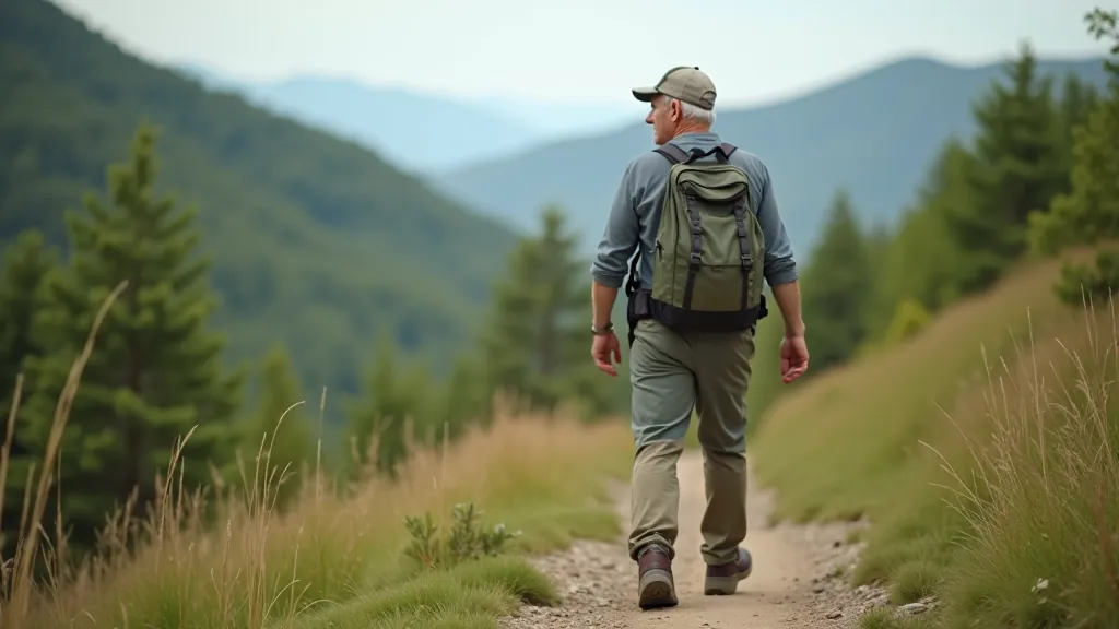 Senior hiker with well-organized backpack and hiking boots on rocky path